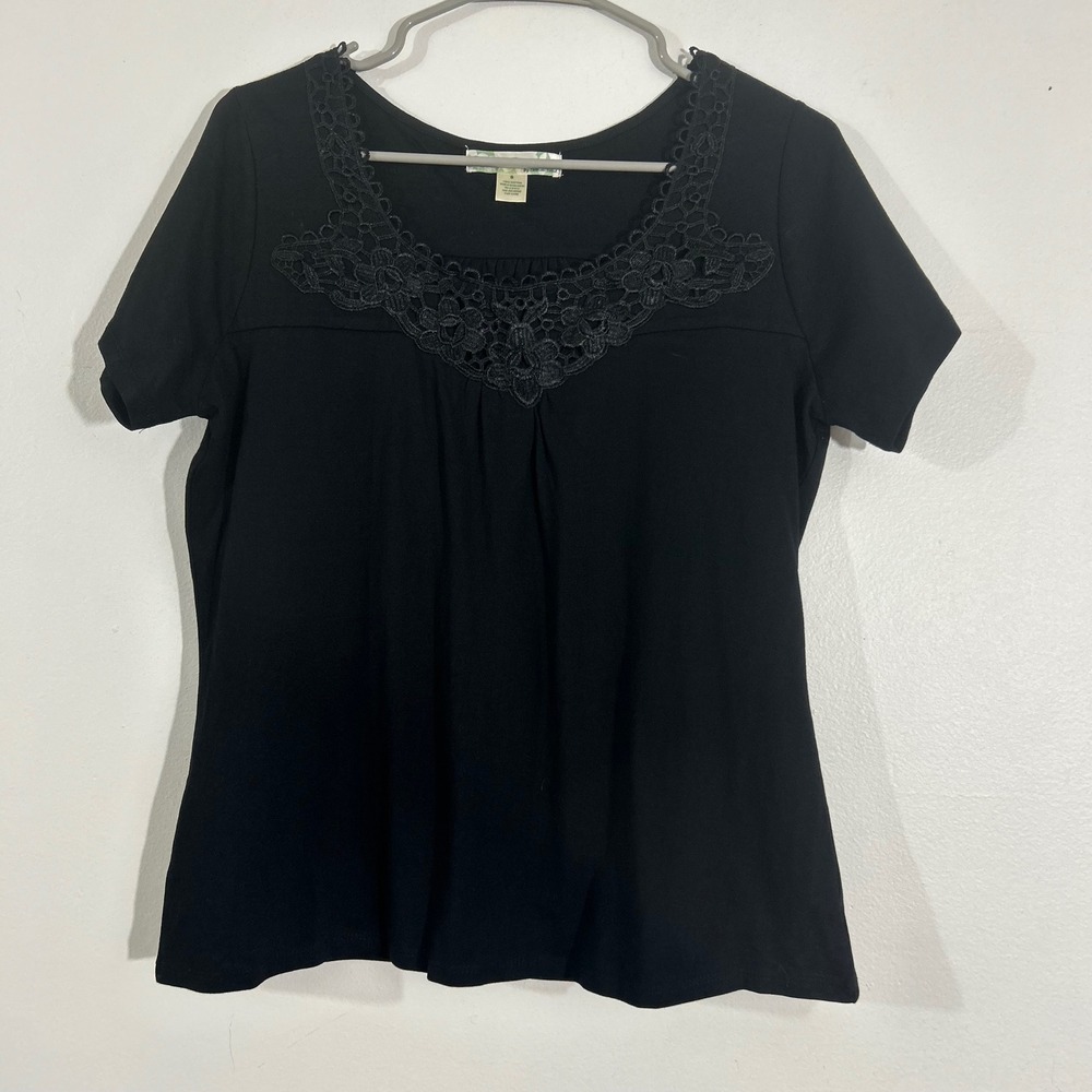 Stephanie Rogers Black Cotton‎ Top Crochet Neckline Short Sleeve Womens Small